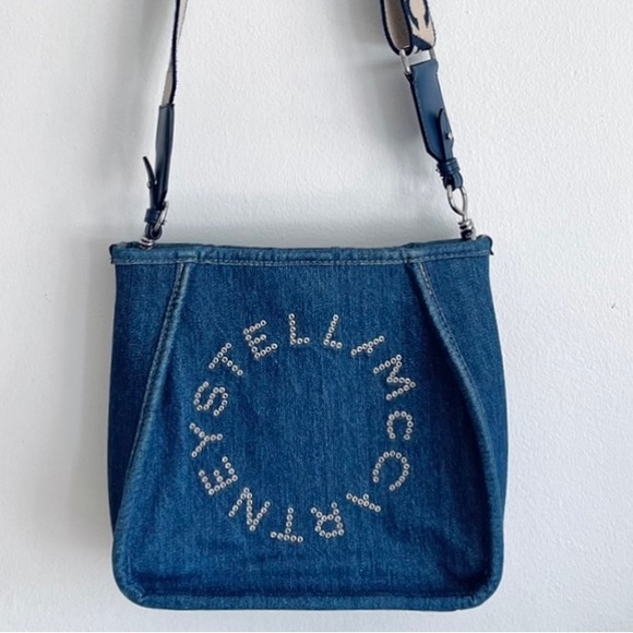 Stella Mccartney Mini Eco Studded Logo Denim Crossbody Bag